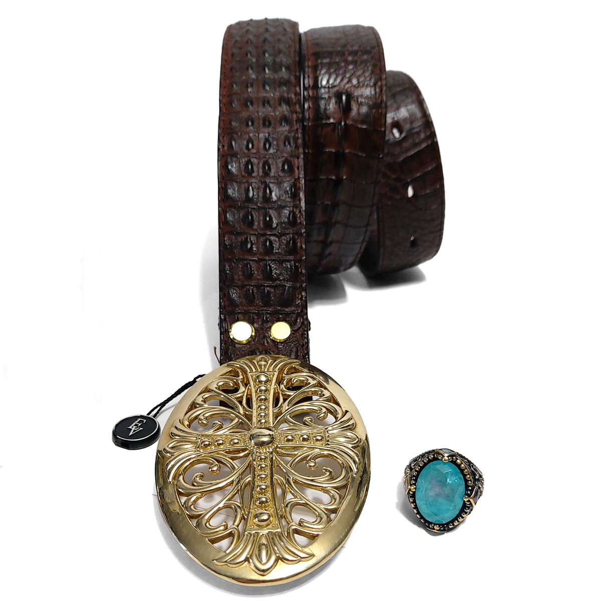 Handmade Gold Oval Buckle Brown Genuine Leather Crocodile