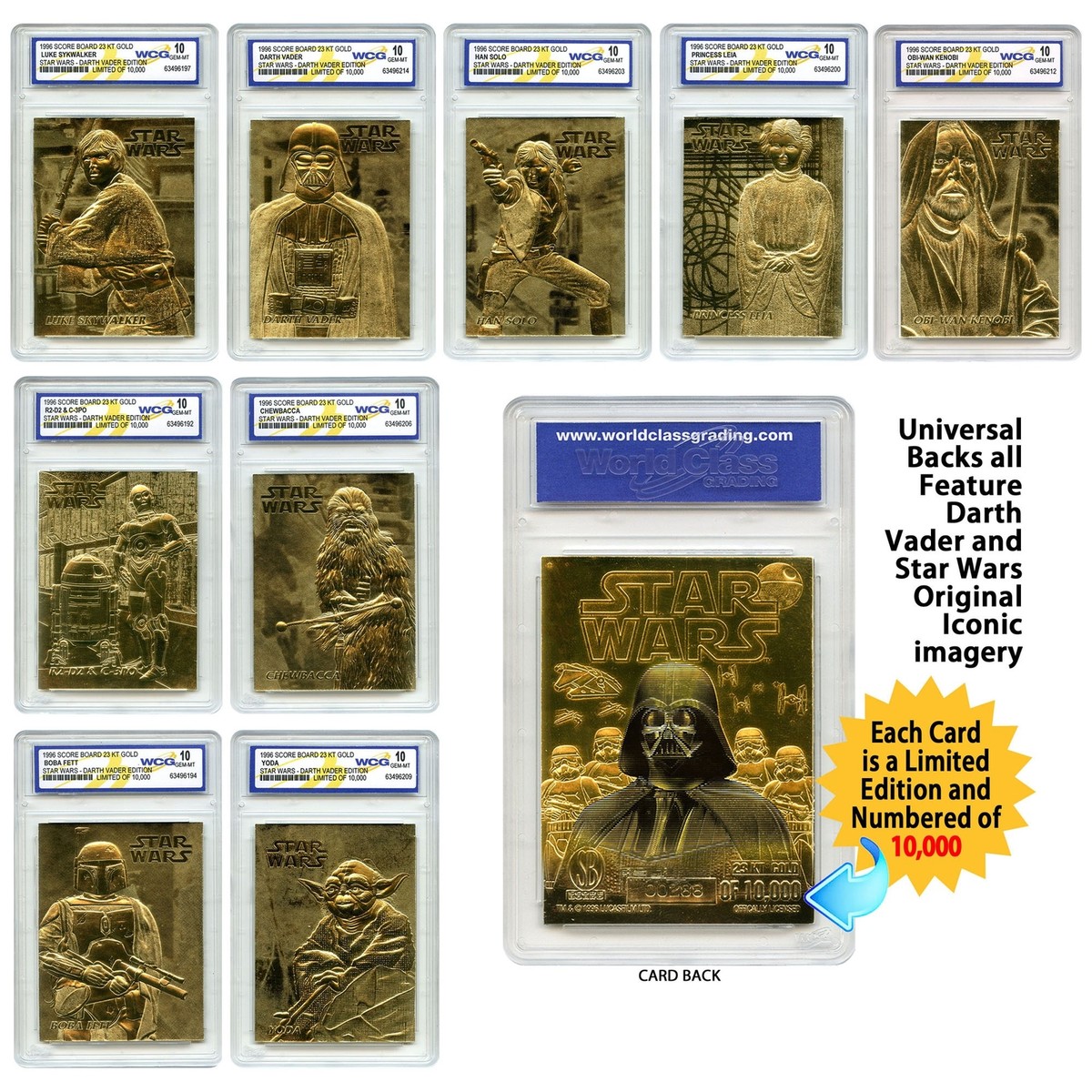 STAR WARS Set of 9 Official 23K Gold Cards Graded Gem-Mint