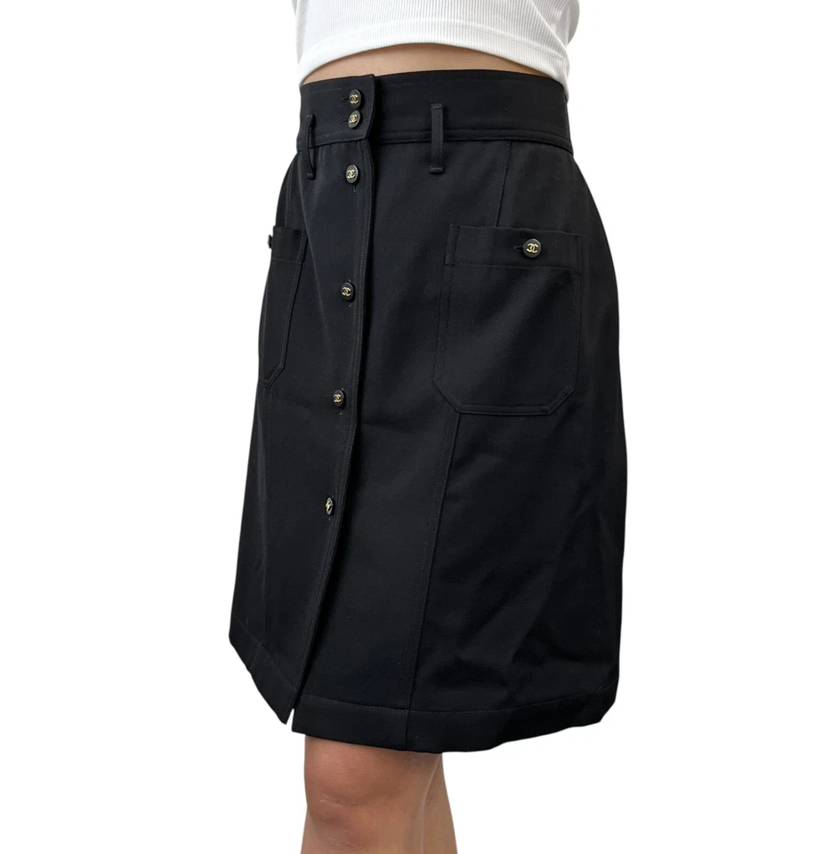 Falda Parte Inferior Chanel Vintage P04919 Logo CC #42 Negro Botón Lana Bolsillo Foto 4 de 4