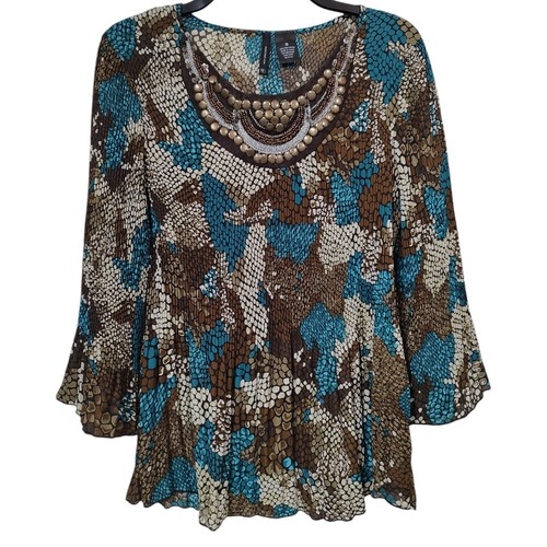 New Directions Womens Multicolor Beaded Crinkle Scoop Neck Blouse Top