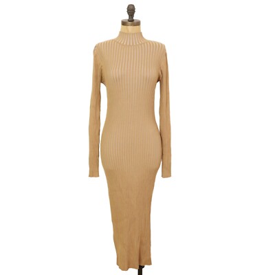 VERO MODA Willow Open Back Dress M High Neck Long Sleeve Bodycon Birch Brown B35