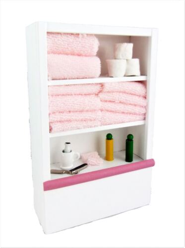 Dolls House White Shelf Unit & Pink Accessories Miniature Bathroom Furniture - Afbeelding 1 van 9