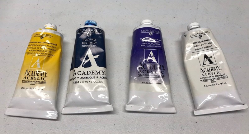 Grumbacher Academy Acrylics 4 Tubes Blue, Yellow, White, Ultramarine Blue USED!