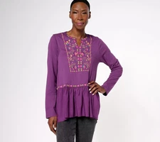 LOGO by Lori Goldstein Special Edition Embroidered Tunic Shirt Purple Slate M Ne