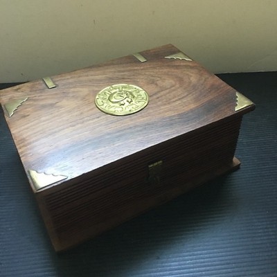 Vintage Handcrafted Sheesham Book Wooden Box Brass Celestial Sun & Moon Emblem