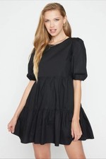 Aqua Tiered Puff Sleeve Poplin Mini Dress Black Size S Ruffled w/ Pockets