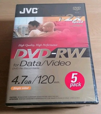 JVC DVD-RW 4,7GB/120 MIN WIEDERBESCHREIBBARE DVD's für Daten/Video 5er Pack - Neu & Versiegelt 
