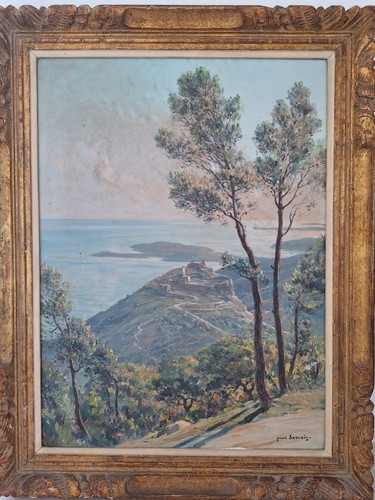 peinture ancienne hst Village D’èze "Vue De La Grande Corniche"1935 Paul Servais - Photo 3 sur 12