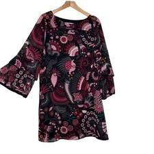 LOFT Dress Womens S Pink Floral Mini Shift Long Bell Sleeve Pullover Boho