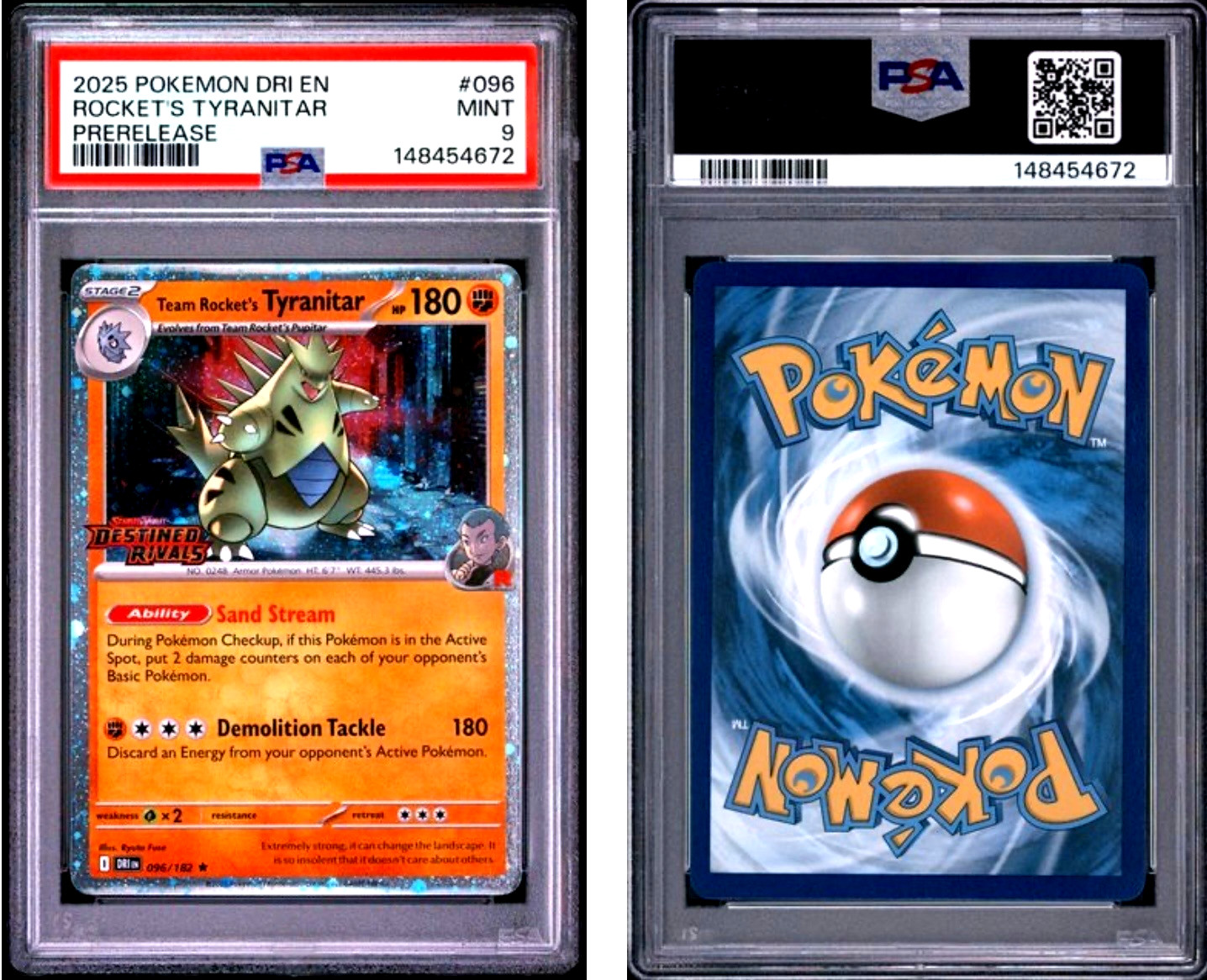 Pokemon Destined Rivals Prerelease Stamped Team Rocket's Tyranitar 96/182 PSA 9