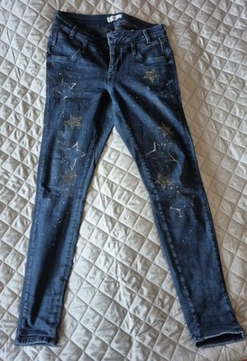 Tredy Damen Jeans Blau Denim mit Sterne-Muster und Strasssteinen, Größe 40