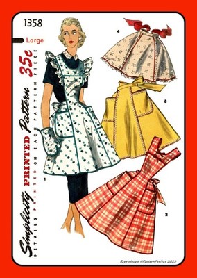 Bib Apron Full or Half Apron Sewing Pattern 4 Styles Simplicity 1358 Vtg 1955