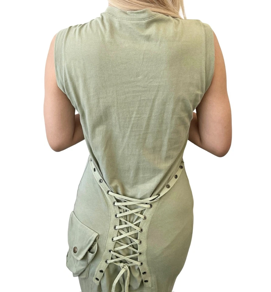 Vestido Christian Dior Vintage 2003 Con cordones Una Pieza #40 Bolsillo Algodón Caqui Foto 4 de 4