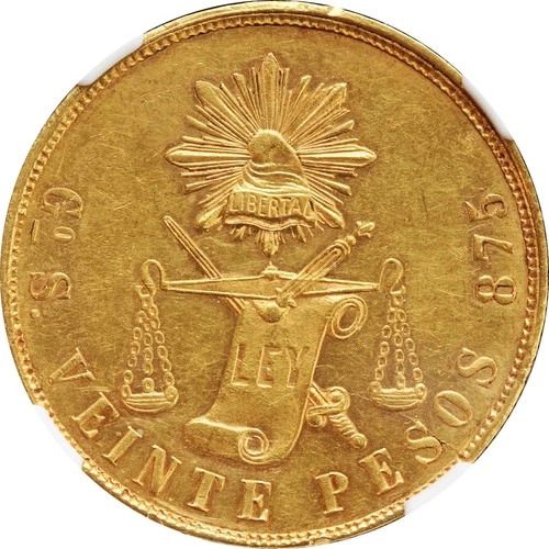 Mexico 20 Pesos Gold Go 1872 S Guanajuato, NGC AU58. KM# 414.4