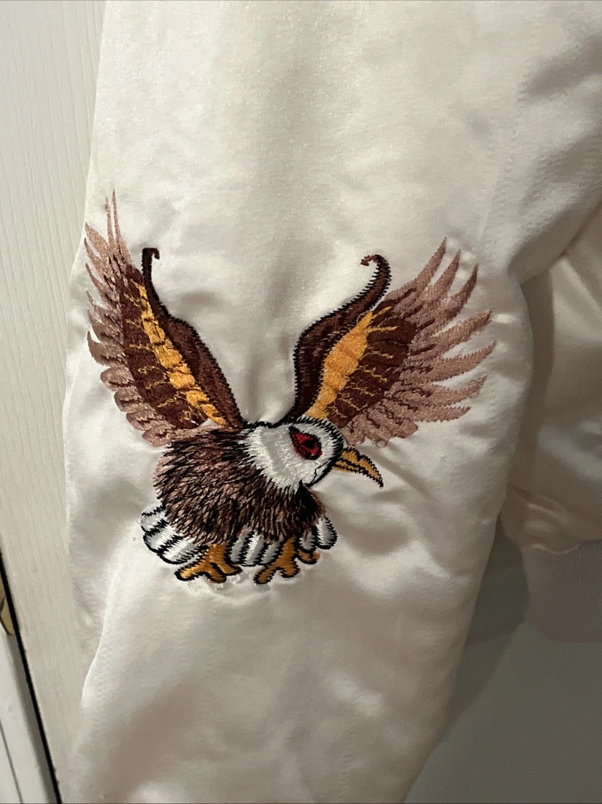 Vintage Far East Tour Japan Jacket White Satin Snap Embroidered Eagles Souvenir image 5