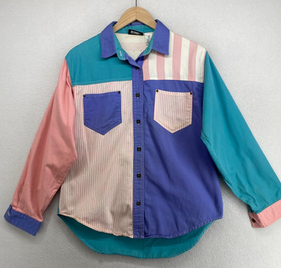 GITANO Top Womens M 80s Twill Colorblock Patchwork Shirt Button Up Blue Pink Vtg