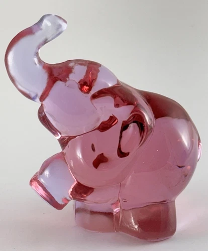 Fenton Glass Pink Rose Elephant Trunk Up Figurine Clear Animal Figure Art