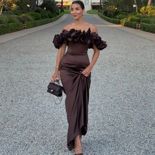 Brown Satin Off Shoulder Evening Gown Short Sleeved Mermaid Train Ball Dress