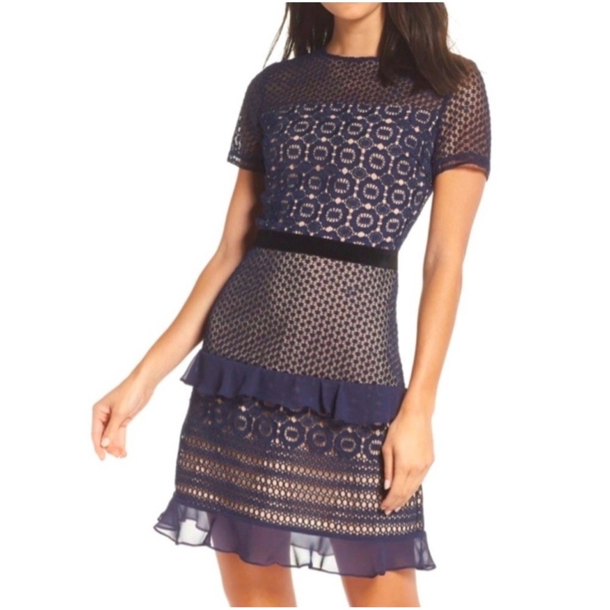 Chelsea28 Navy Lace Sheath Dress Velvet Belt Ruffle Hem Cocktail Wedding Guest | eBay Chelsea28 Navy Lace Sheath Dress Velvet Belt Ruffle Hem Cocktail Wedding Guest | eBay