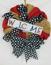 Patriotic 4th of July 16  Burlap Welcome Door Wreath Independence Day America