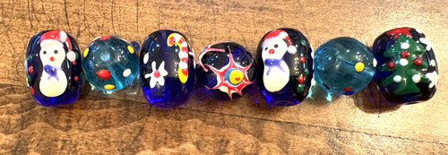 Christmas Winter Beads Snowman Xmas Tree Glass Mix Oval 7 pcs DIY Jewelry Blue