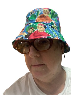 Bucket Hat Unisex Women Sun Rain Frida Floral Blue Red Print Hand Made NWT S