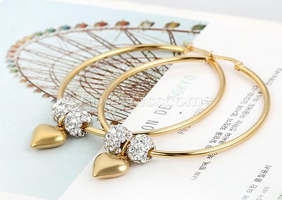 Women Rhinestone Heart Dangle Gold Tone Stainless Steel Big Circle Hoop Earrings