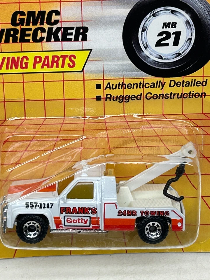 1990 MATCHBOX SUPERFAST #21 GMC WRECKER FRANK'S GETTY 24HR TOWING NEW ON CARD - Image 2 of 3