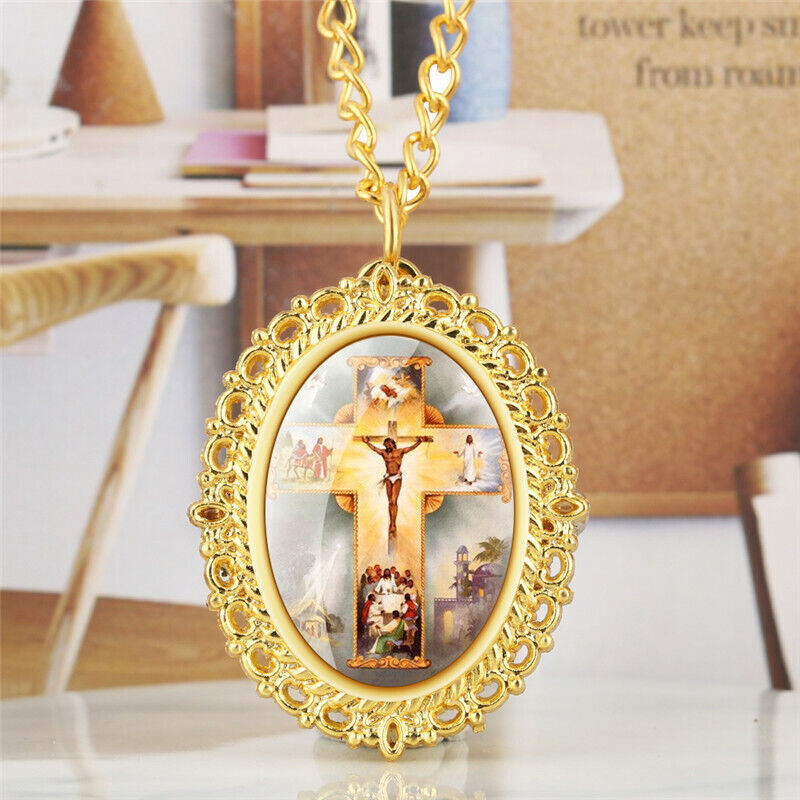 Luxury Golden Oval Madonna Jesus Quartz Pocket Watch Chain Gift for Men & Women