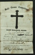 1874 antique HOLY CROSS CEMETERY boston ma GRAVE $7 funeral ELLEN CALDWELL bylaw