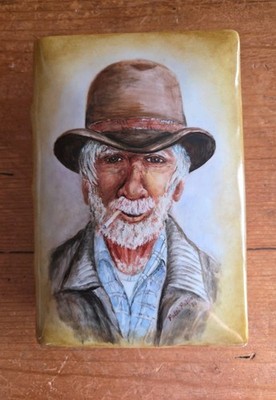 Vtg Hand Painted Folk Art Ceramic Book Box Lidded Stash Trinket Old Man Portrait