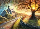 Pete Rumney Painting Golden Hour In The Village Signed Original Canvas Art