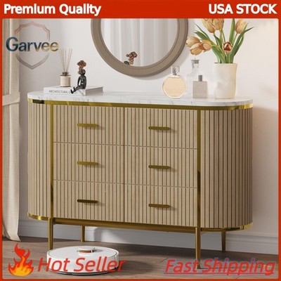 Marble Top 6 Drawer Wooden Dresser Fluted Front Gold Trim for TV Stand