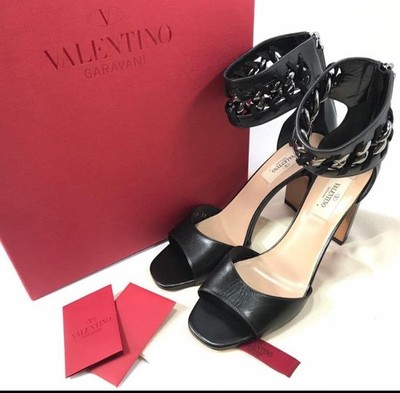 VALENTINO GARAVANI Women Rockstud Strap Sandals Leather Thick Heel Size 36 Black