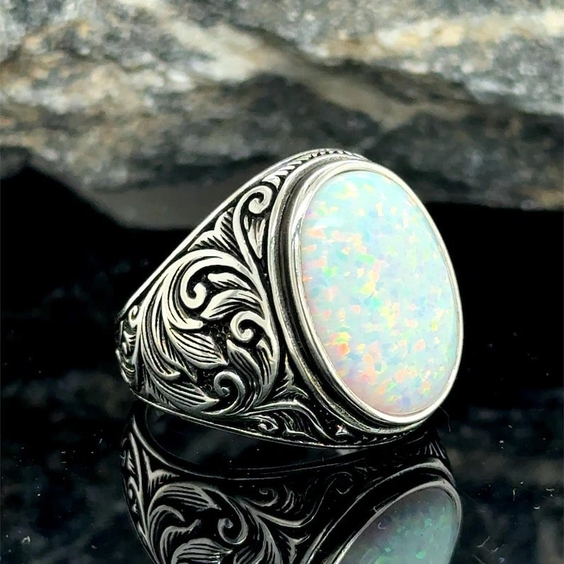 Anillo de plata ópalo blanco ópalo de fuego anillo de plata para hombre Foto 2 de 4