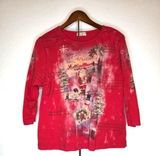 Vintage Studio Gem Q White Christmas 3/4 Sleeve Red Shirt Santa Snowman XXL