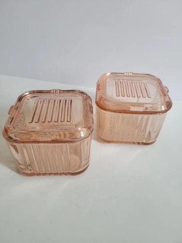 Lot 2 Pink Federal Glass Depression Refrigerator Dishes Fridgies 4.25" w/ Lids