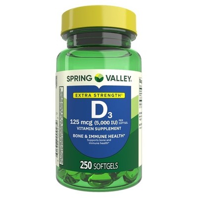 Extra Strength Vitamin D3 Softgels, 125 mcg (5000 IU), 250 Count, Supplement