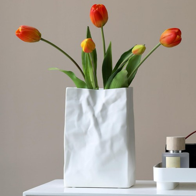 #ad #ad Crinkle Paper Bag Ceramic Vase 7.5 Inch Unique Flower Vase White Matte Squa... $27.70