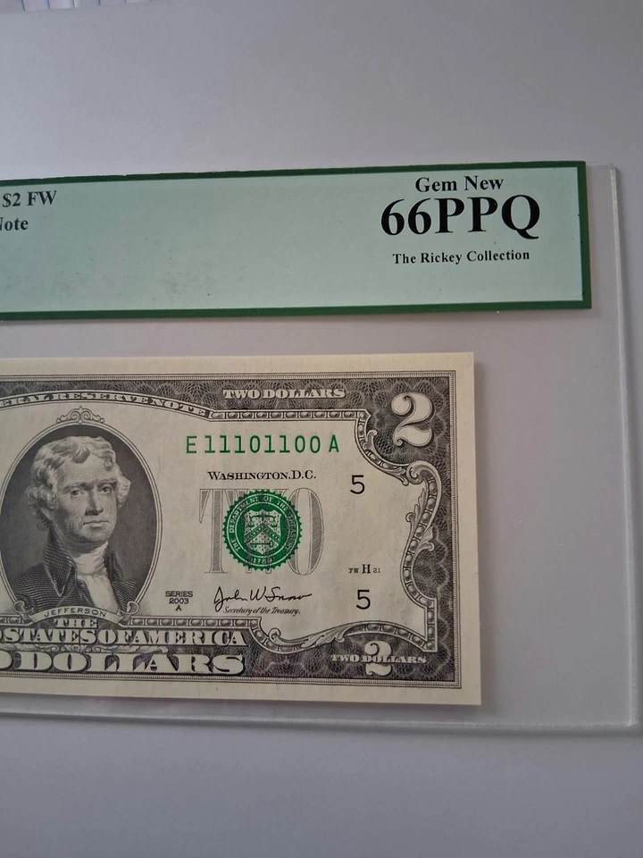 TRUE BINARY 0's and 1's $2 Two Dollars Note Number #E 11101100 A PCGS 66 PPQ - Image 2 of 4