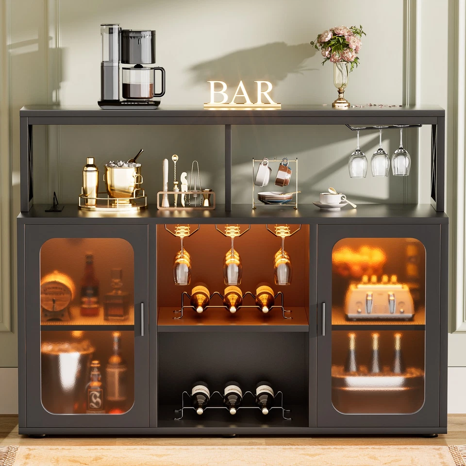 47" Wine Bar Cabinet Liquor Storage with LED Lights ＆Power Outlets ＆Glass Holder - Image 2 of 4
