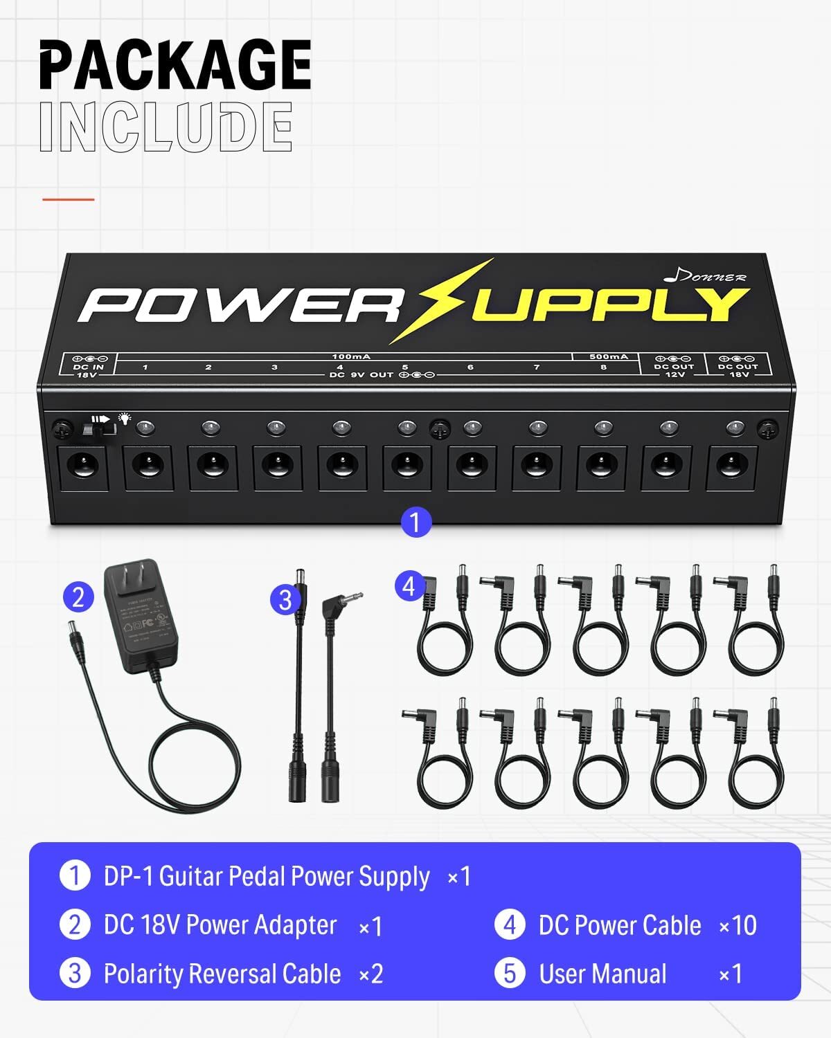 ⚡Donner 11 Port Guitar Effects Pedal Power Supply + Cable 9V/12V/18V 500 mA