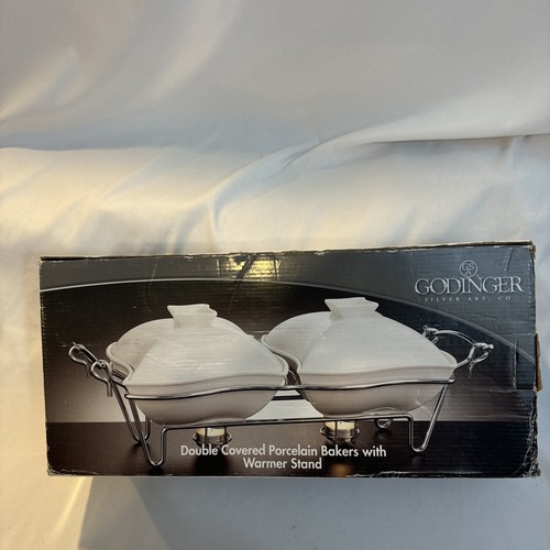 Godinger Silver Art Co. 1 QT Covered Porcelain Baker With Warmer Stand NEW - Picture 3 of 7