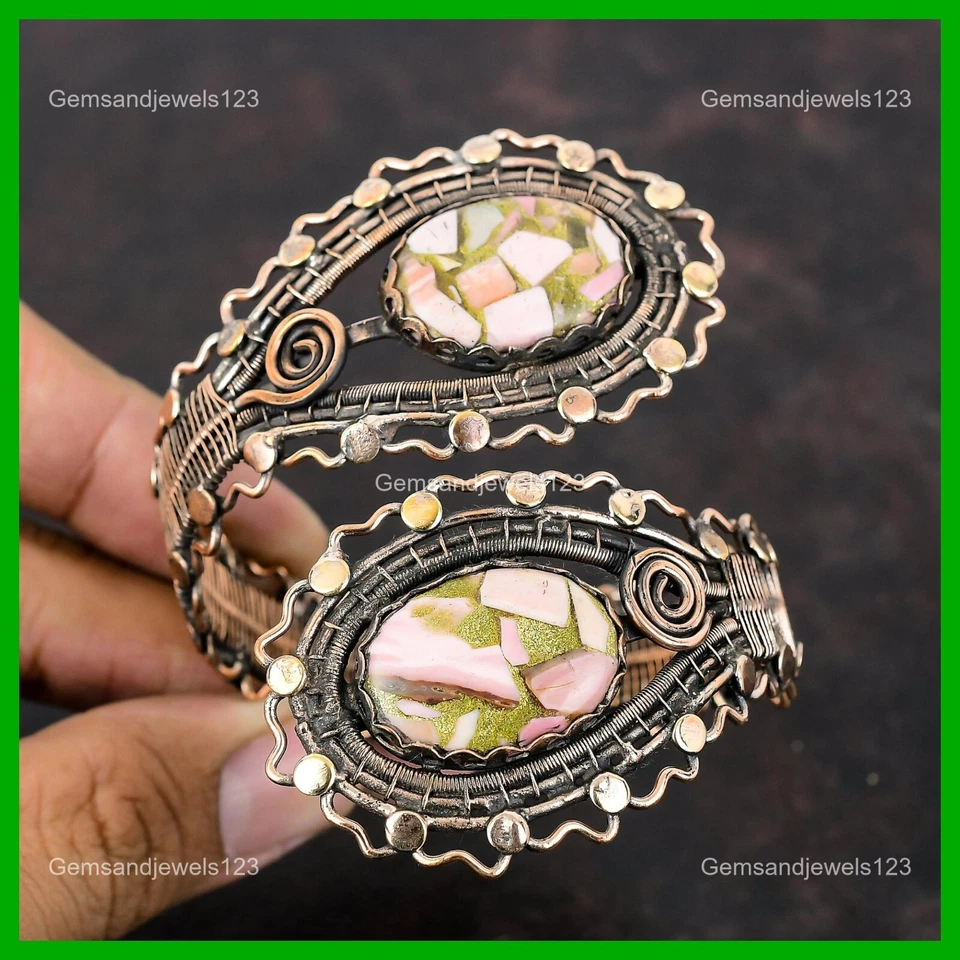 Овальный натуральный медный розовый опал этнический ручной работы богемная проволока обернутый браслет медь - Изображение 3 из 4