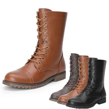 Women Lace Up Combat Riding Boots Low Heel Round Toe Zip Up Mid Calf Boots