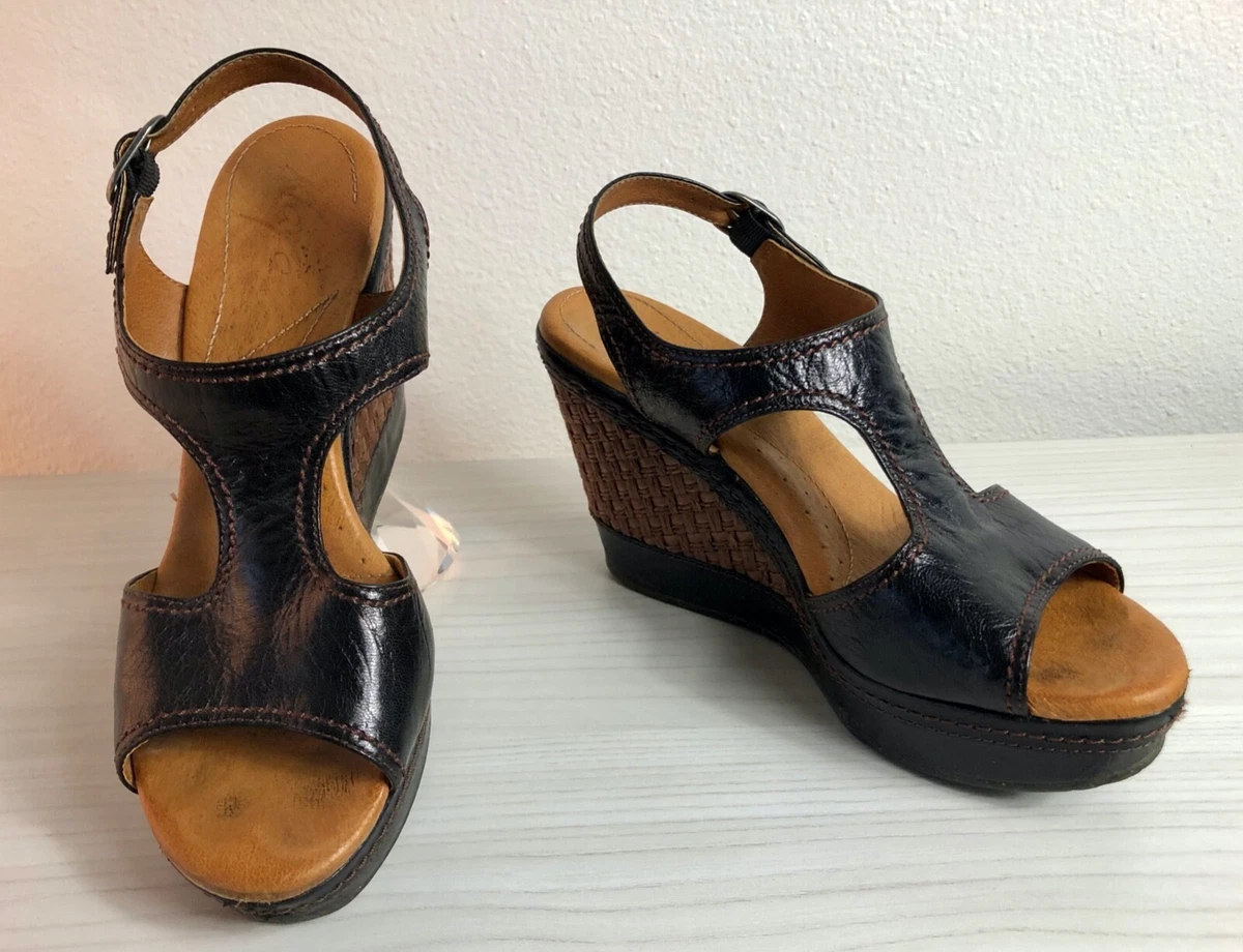 Naya Eternal Black Leather Platform Wedge Sandals Heels Womens