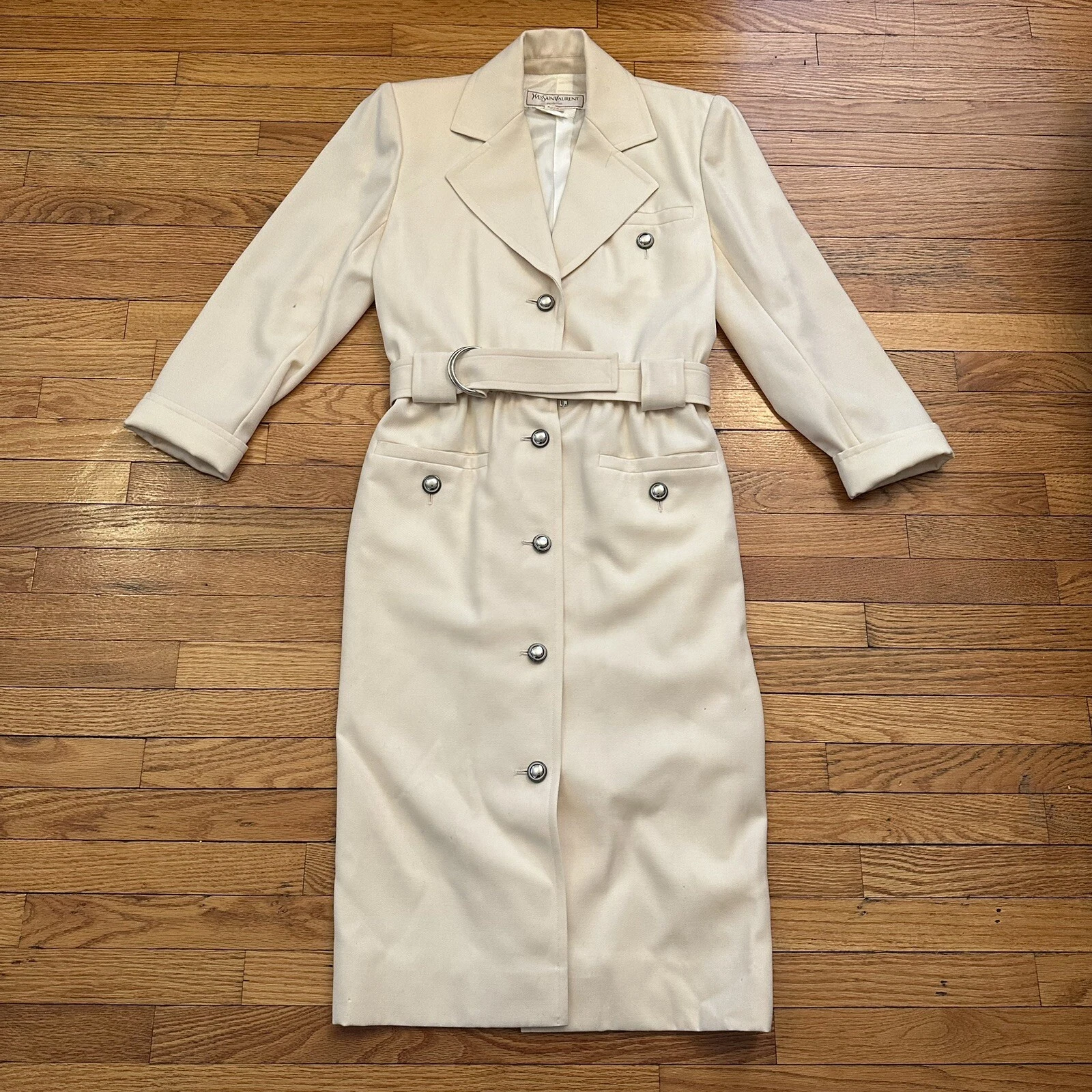 SAINT LAURENT (YSL) Abito nuovo con etichette vintage YSL Yves Saint Laurent cintura in lana crema taglia 40 donna