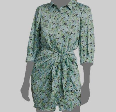 $395 Cinq à Sept Women's Blue Collared Knotted Waist Shirt Dress Size 0