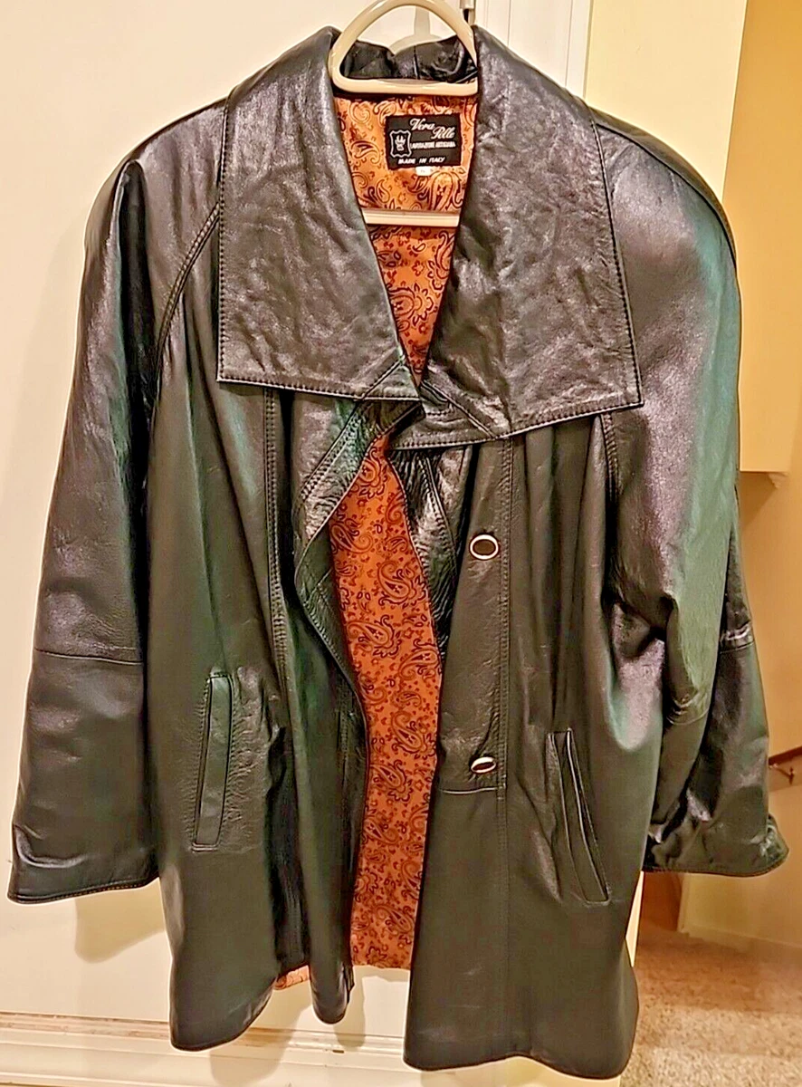 Vera Pelle Women s 3 Button Black Leather Jacket Sz Small Gold Paisley Lining