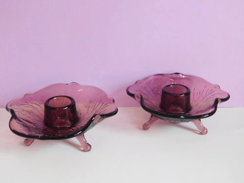 Fenton Amethyst Wisteria 3 Footed Candle Holder Vtg. 1930's Scalloped -Set of 2